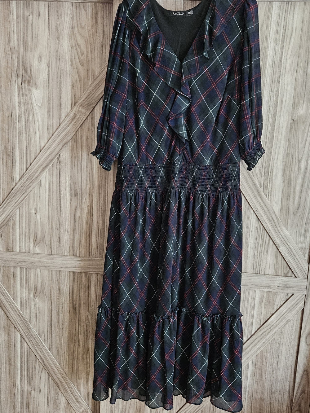 Lauren Ralph Lauren 20W Black Plaid Maxi Dress with Red and Green Windowpane